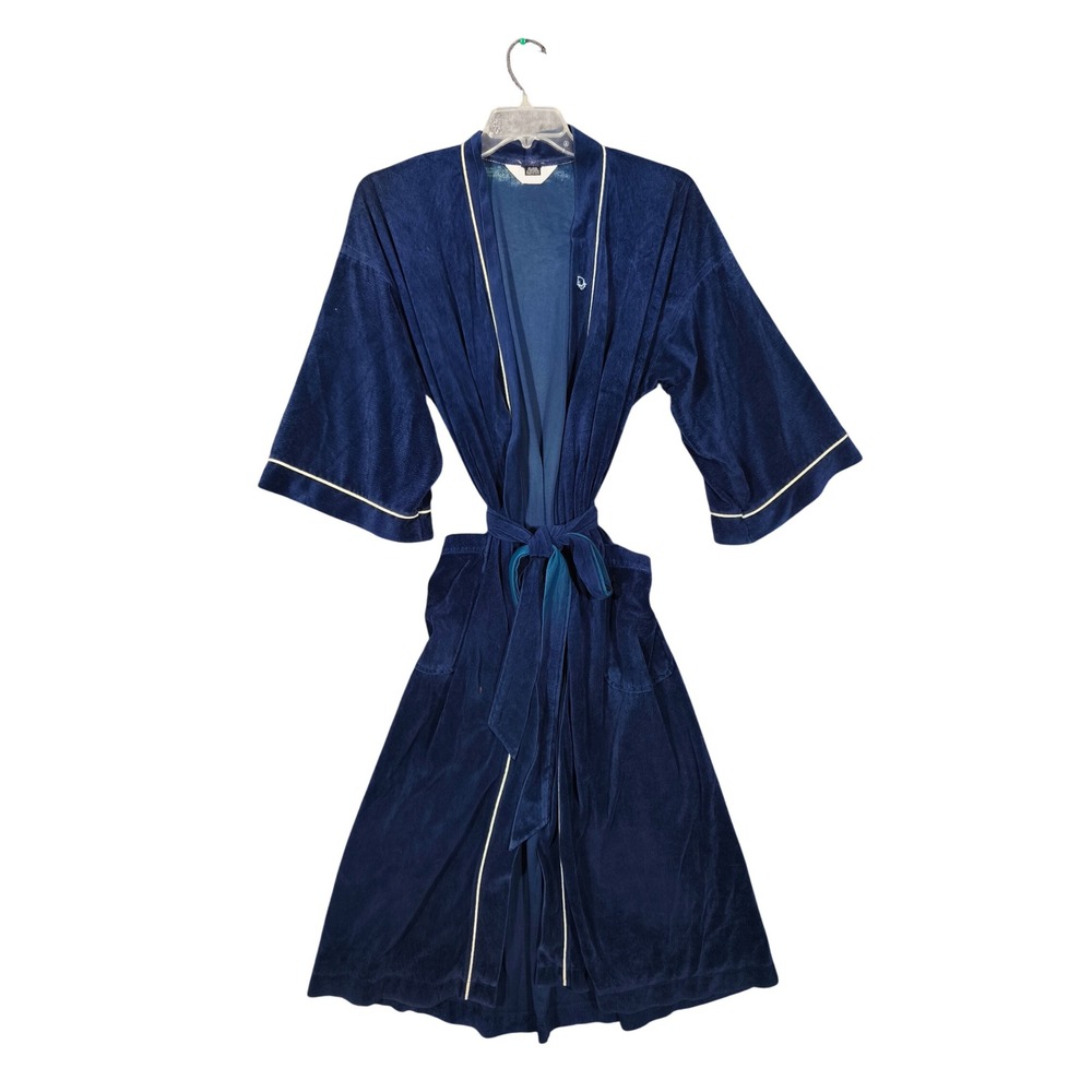 Vintage Christian Dior Monsieur Navy Blue Velour Robe Kimono Piping L/XL